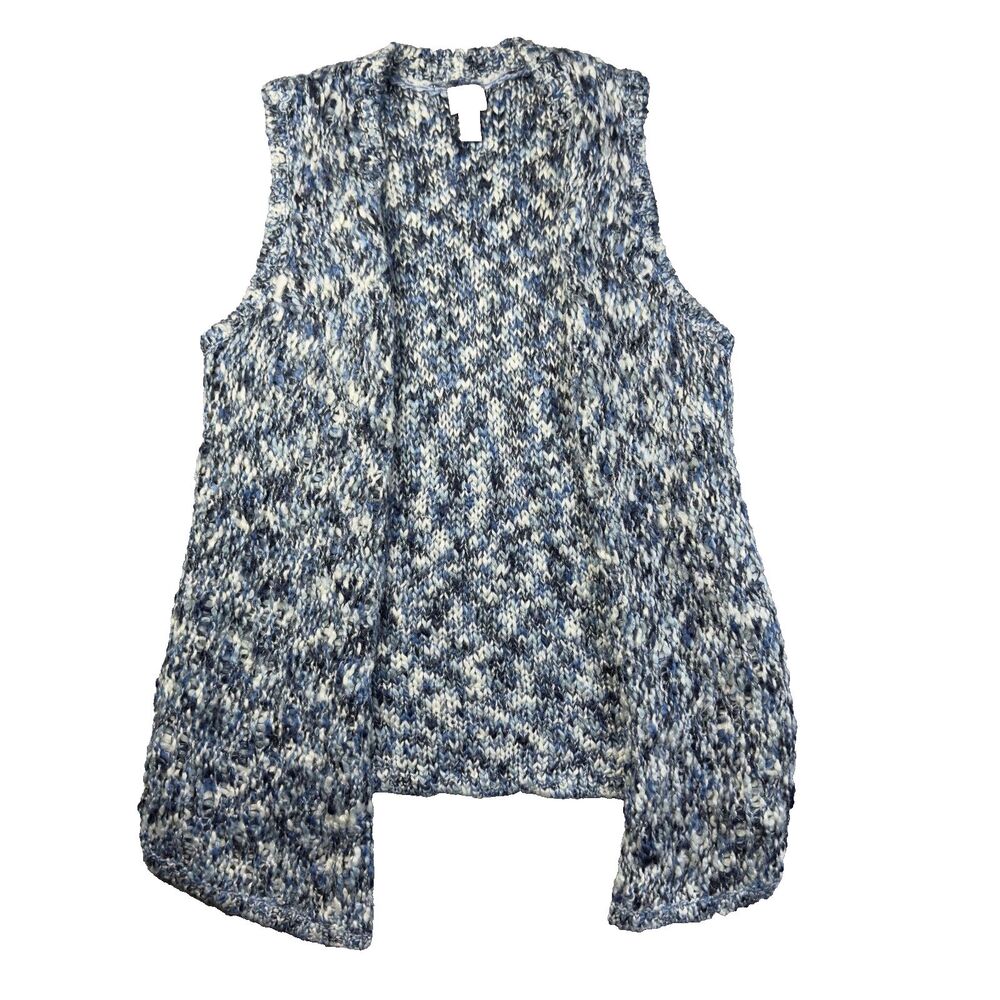 Chico's Sweater Womens 1 Blue White Marled Vest Knit Open Front Wool Cardigan